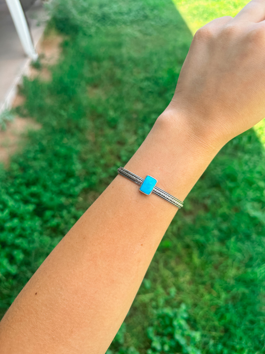 Turquoise Engraved Flower Cuff