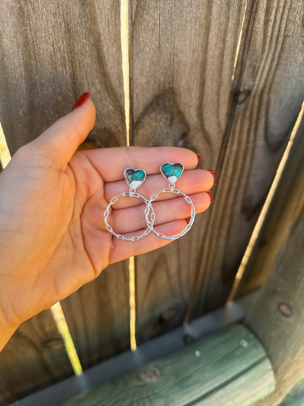 Turquoise Heart Chain Hoops